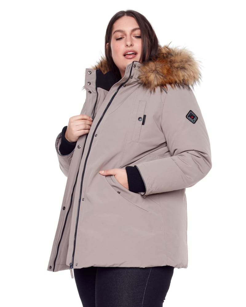 Side of a model wearing a size 2X GLACIER | Vegan Down Recycled Parka Winter Jacket in Taupe by Alpine North. | dia_product_style_image_id:325571